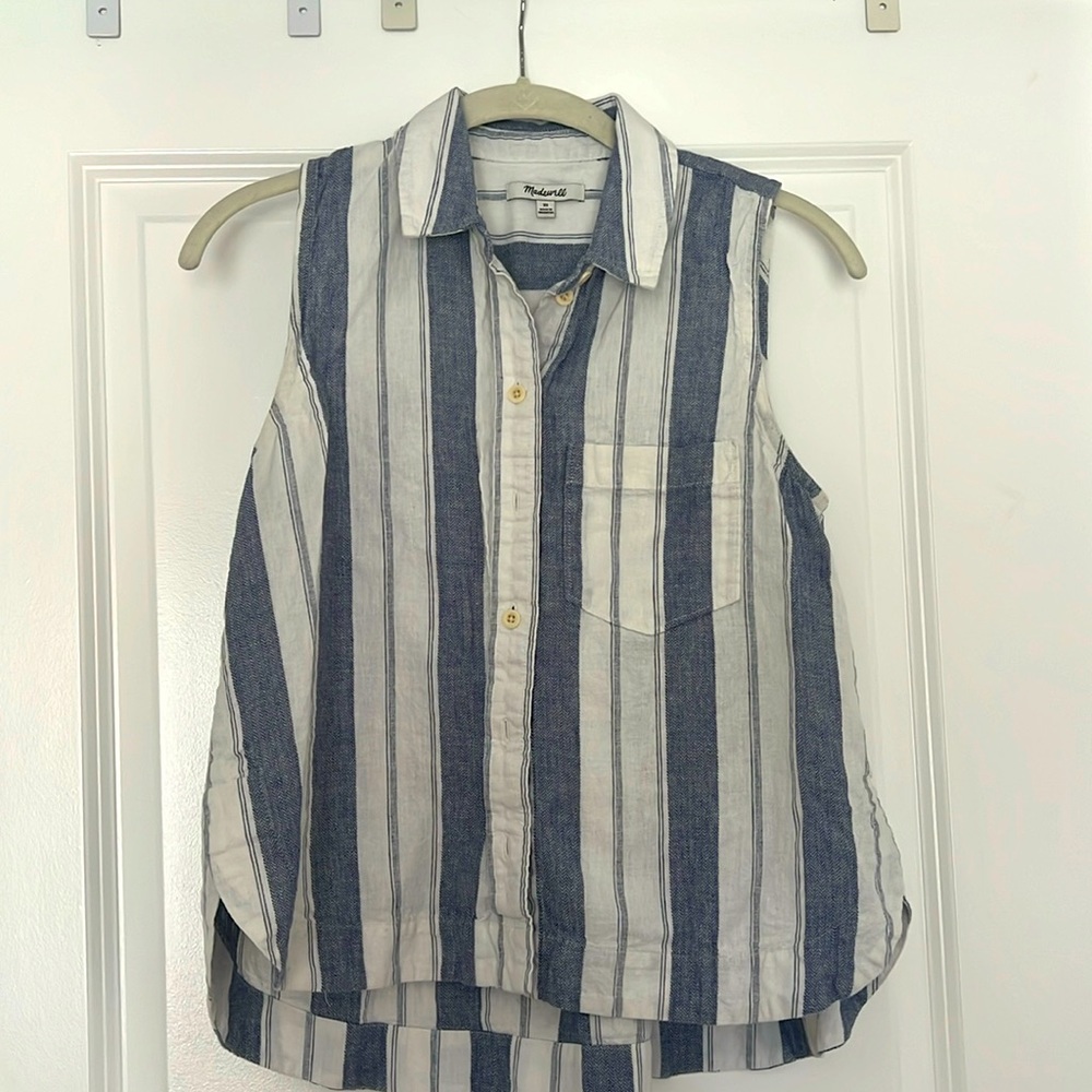 Madewell blue and white striped sleeveless cotton shirt XS
